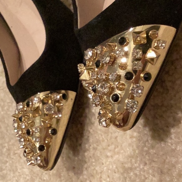 ZARA Black Suede & Gold Metal Studded Toe Caps, Euro Sz 37 - Picture 2 of 12